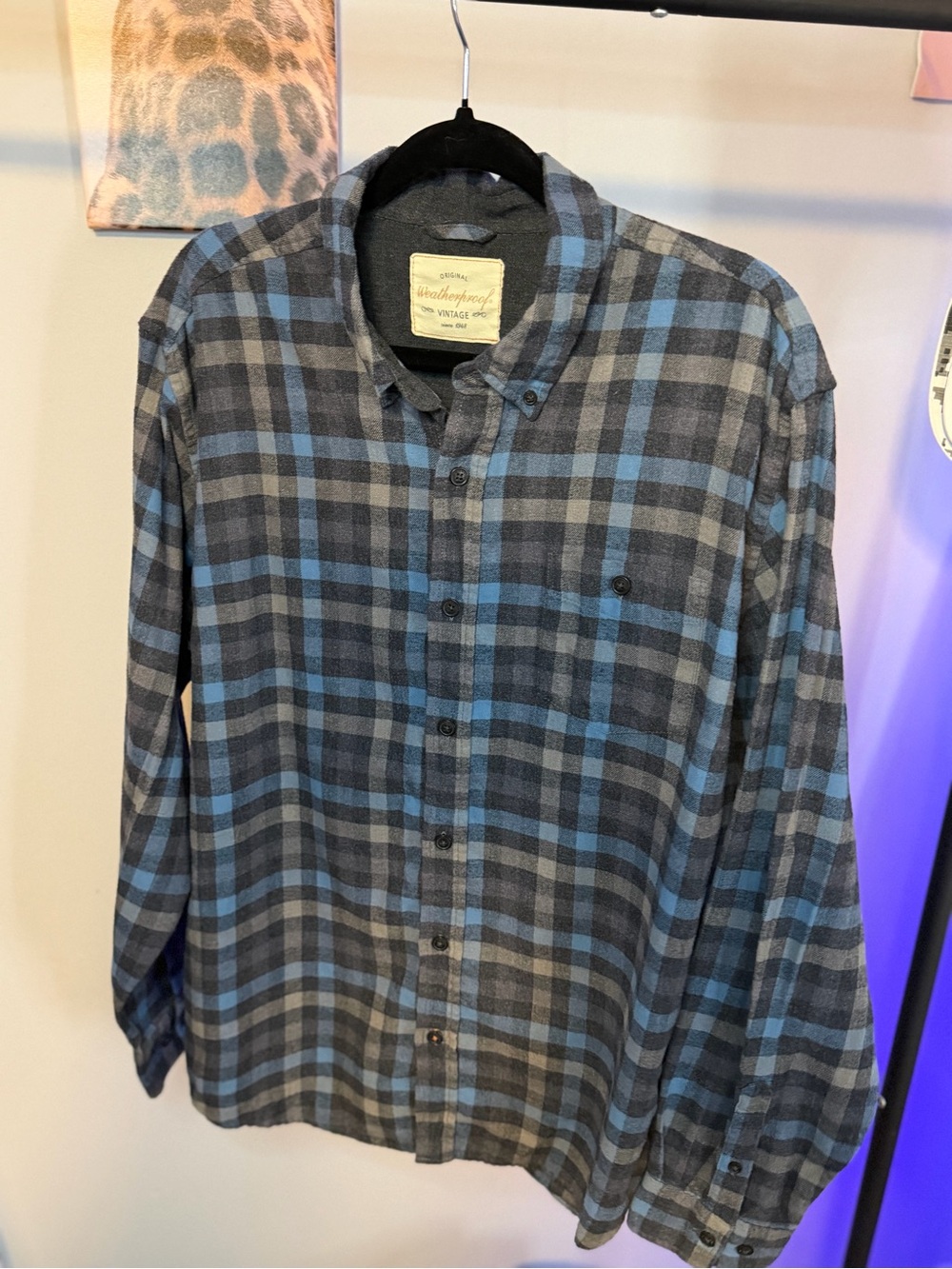 Men's Blue and Gray Plaid Button-Up Shirt
